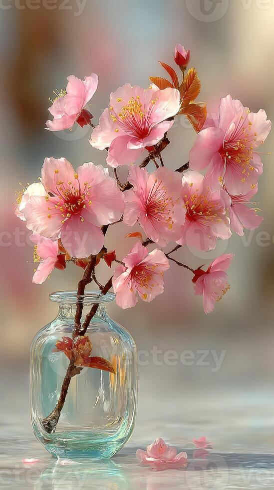 Pink cherry blossom branch in a clear glass vase on a light surface during springtime photo
