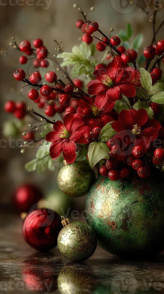 Festive floral arrangement featuring red blooms and holiday ornaments on a rustic table photo