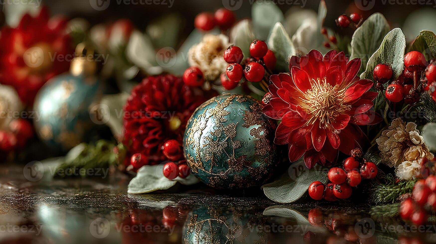 Beautiful floral arrangement with ornaments captures festive spirit of winter celebration photo