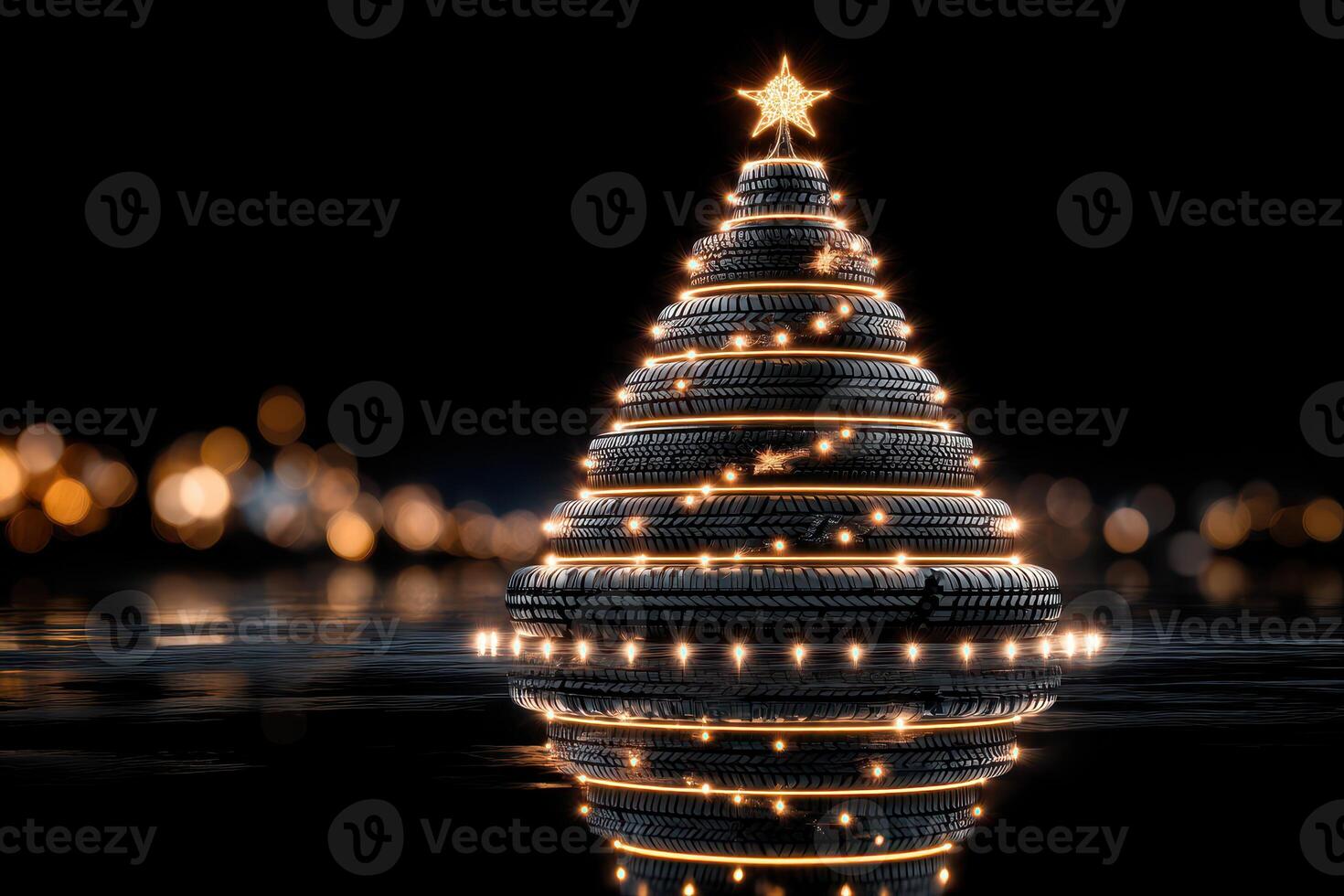 Creative tire Christmas tree illuminated by lights reflected in dark water setting photo