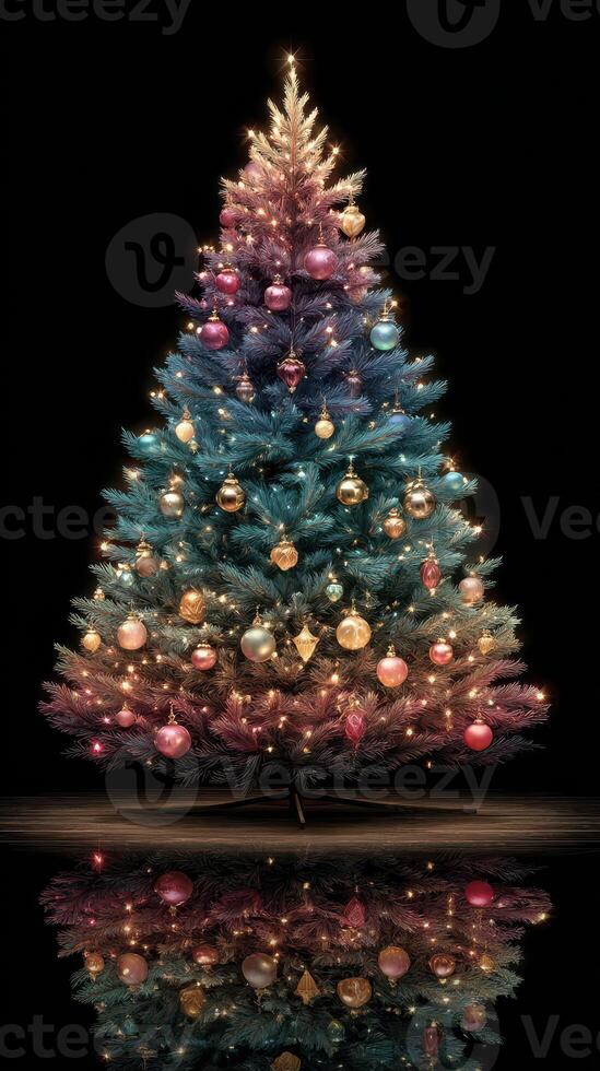 Decorative Christmas tree with colorful ornaments and lights reflecting on a surface photo
