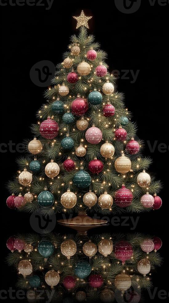 Elegant Christmas tree adorned with colorful ornaments and warm lights for festive celebration photo