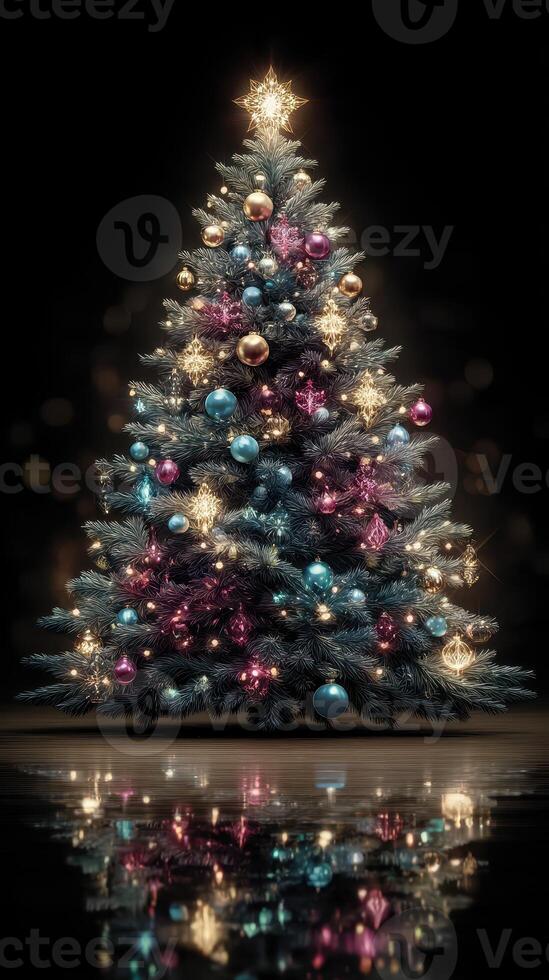 Colorful Christmas tree decorated with ornaments and lights reflecting on a surface in a dark setting photo