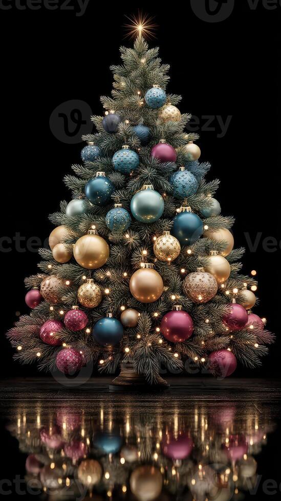 Elegant Christmas tree adorned with colorful ornaments and lights creating a festive atmosphere in a dark room photo