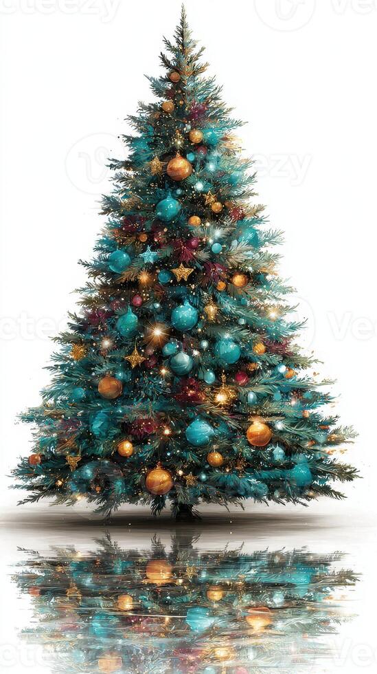 Decorated Christmas tree with teal and gold ornaments glowing softly in a cheerful holiday atmosphere photo