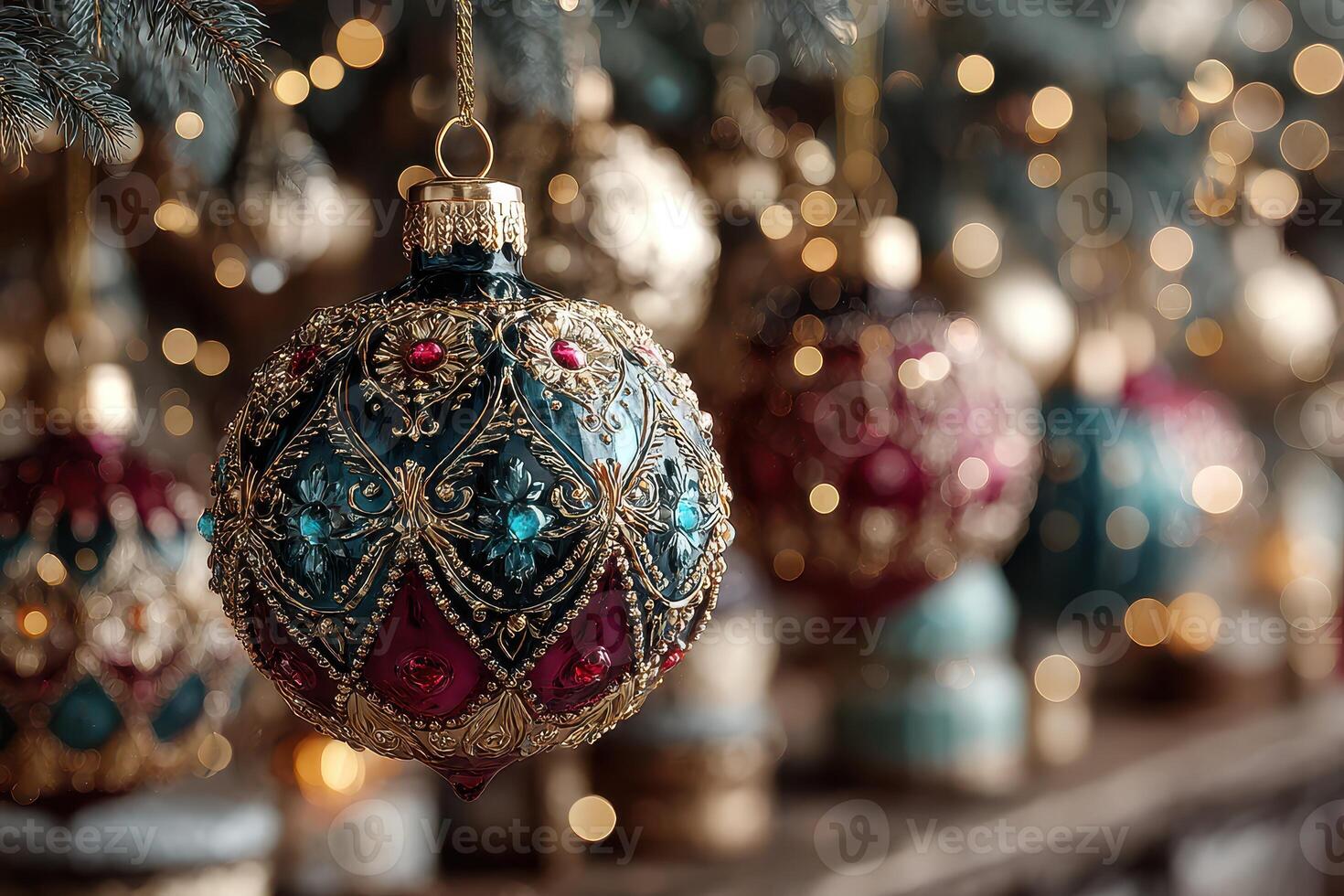 Elegant Christmas ornaments in a cozy holiday setting with warm bokeh lights in the background photo