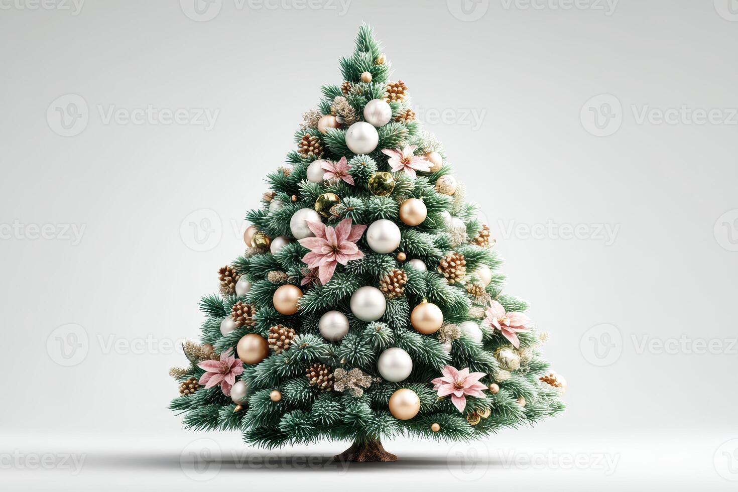 Elegant Christmas tree decorated with ornaments, flowers, and pine cones for the holiday season photo