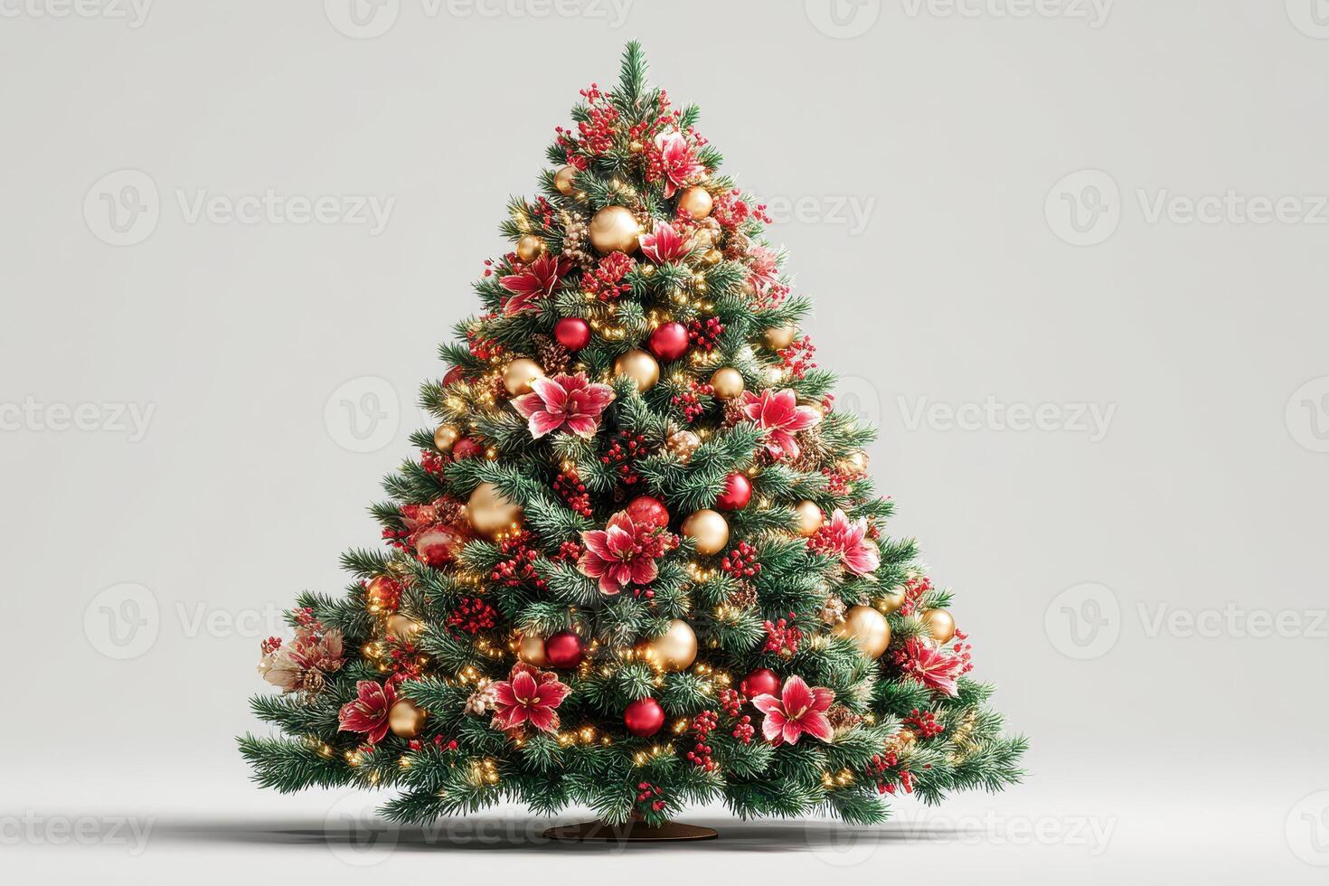 Decorative Christmas tree adorned with red flowers and golden ornaments creating a festive atmosphere for the holiday season photo