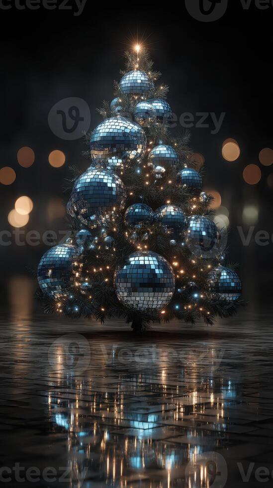 Christmas tree adorned with shiny blue ornaments and lights reflecting on a dark surface during a winter evening photo