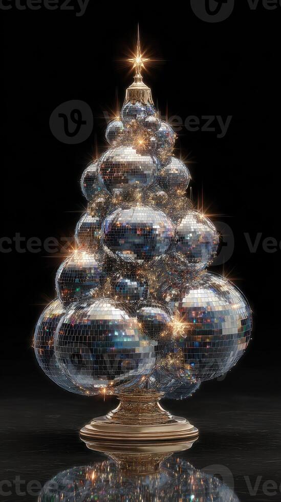 Colorful disco ball Christmas tree decorated for the holidays in a festive setting with twinkling lights photo