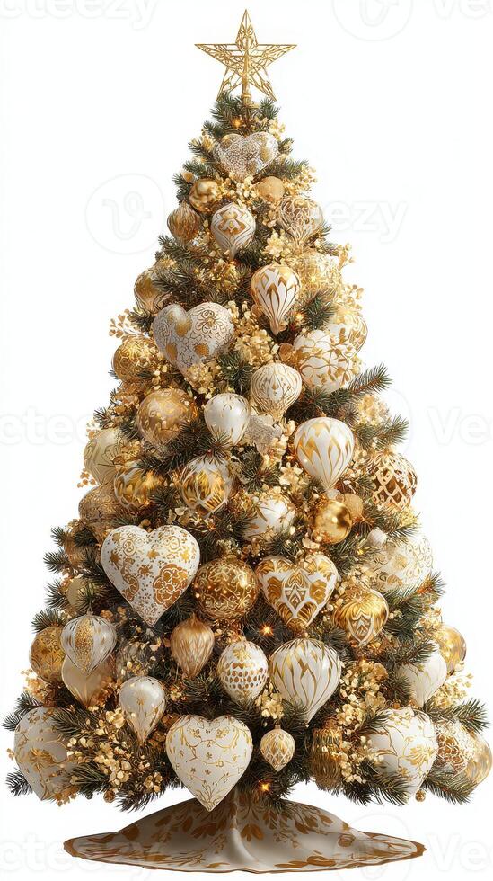 Elegant gold and white Christmas tree decorated with intricate ornaments and a star topper for festive celebrations photo