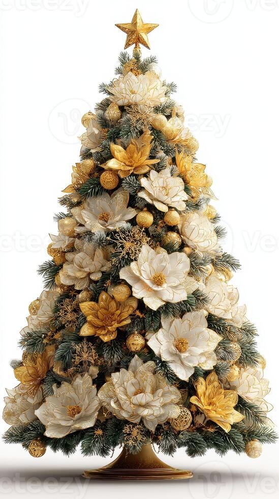 Decorative Christmas tree adorned with gold and white flowers and ornaments in a festive arrangement for holiday celebrations photo