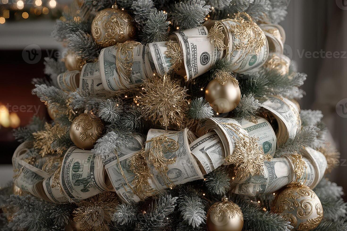 Intricate holiday tree adorned with dollar bills and golden ornaments showcased in a cozy festive setting photo