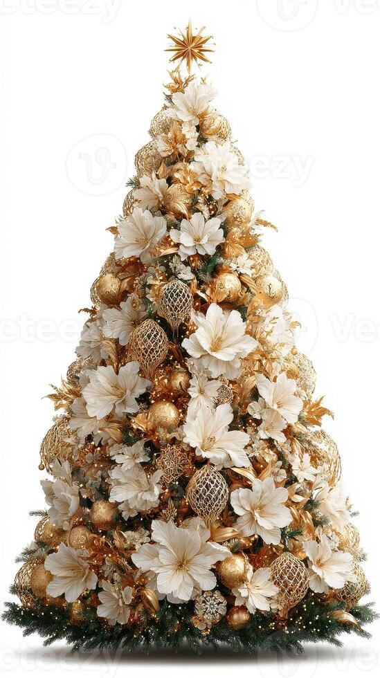 Elegant Christmas tree adorned with white flowers and gold ornaments standing tall in a festive setting photo