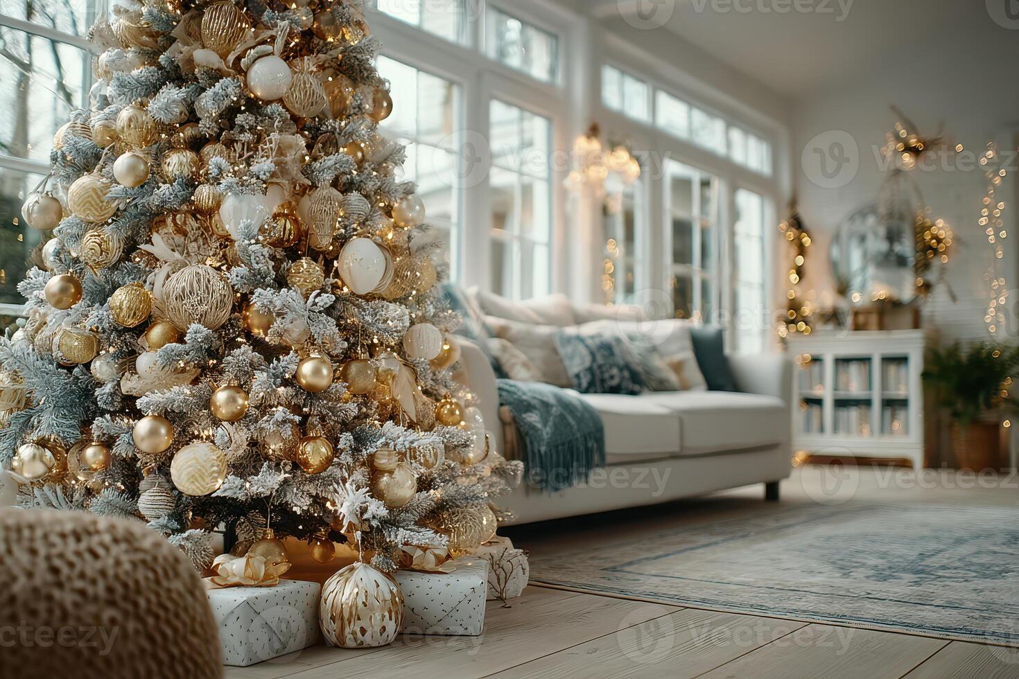 Elegantly decorated Christmas tree adorned with gold ornaments in a cozy living room photo