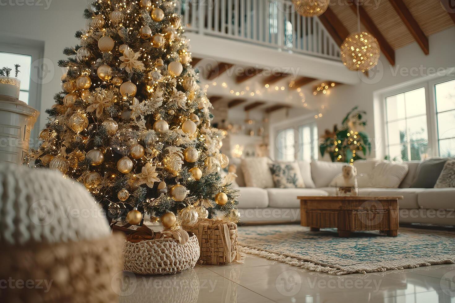 Cozy living room decorated for Christmas with a beautifully lit tree and festive ornaments in a warm atmosphere photo