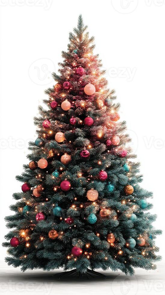 Beautifully decorated Christmas tree with colorful ornaments and warm lights set in a festive atmosphere photo