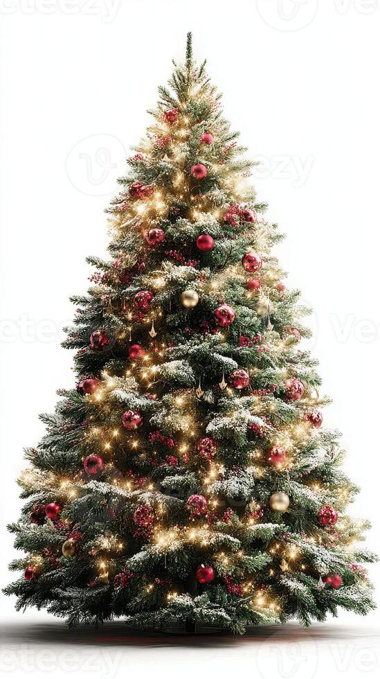 Beautifully decorated Christmas tree with red ornaments and glowing lights shining brightly photo