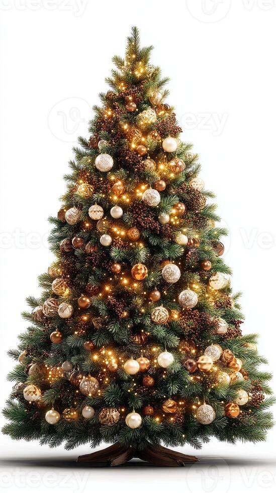 Elegant decorated Christmas tree with warm lights and festive ornaments in a cozy indoor setting photo