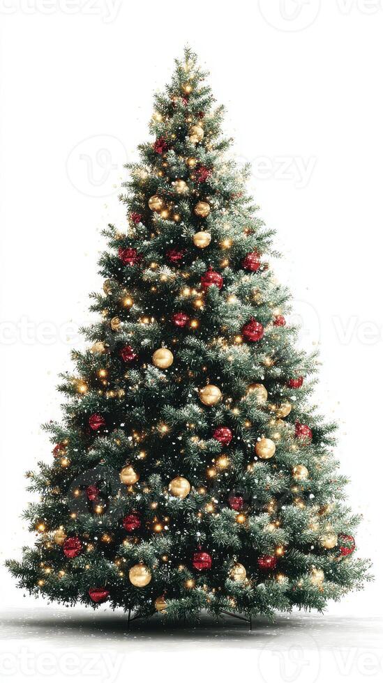 Christmas tree decorated with red and gold ornaments and sparkling lights in a festive setting photo
