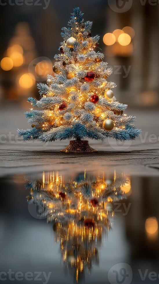 Decorative Christmas tree adorned with lights and ornaments reflecting in a puddle during winter evening photo