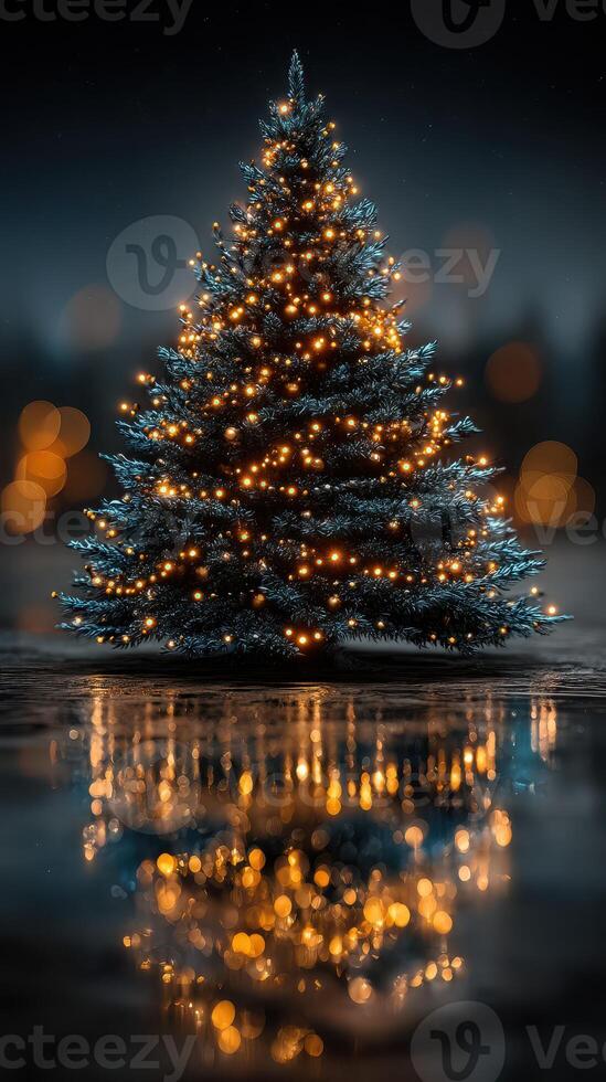 Festive Christmas tree adorned with glowing lights reflecting in the evening mist photo