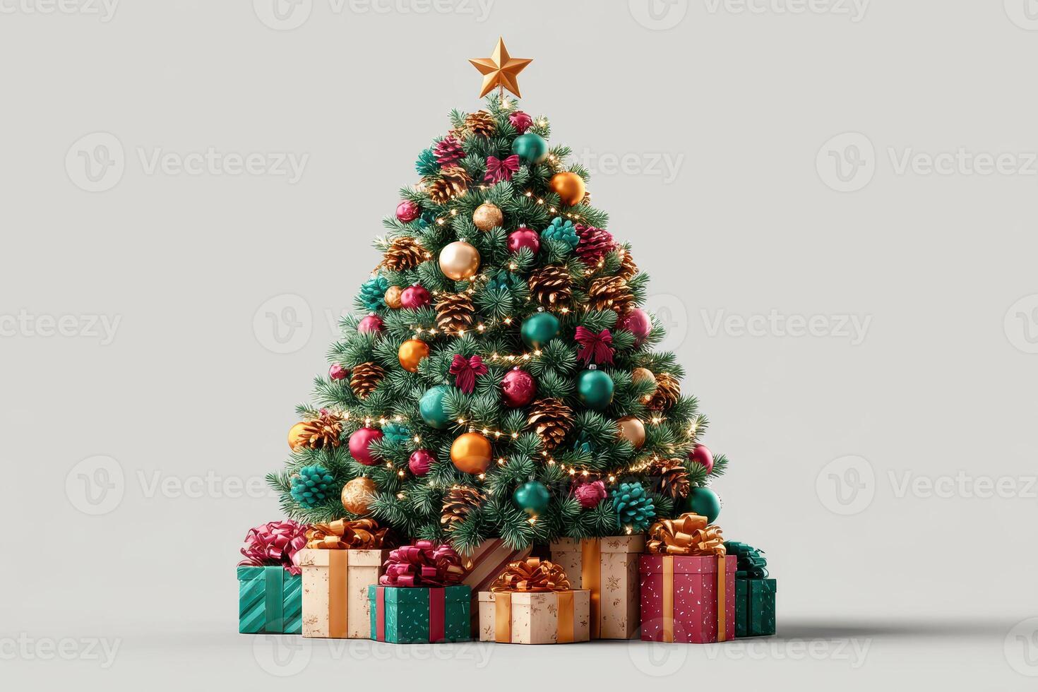 Colorful Christmas tree adorned with ornaments and wrapped gifts for holiday celebrations photo