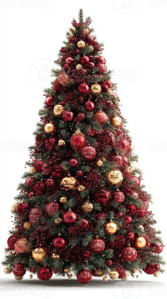 Holiday celebration features a beautifully decorated Christmas tree with red and gold ornaments in a festive setting photo