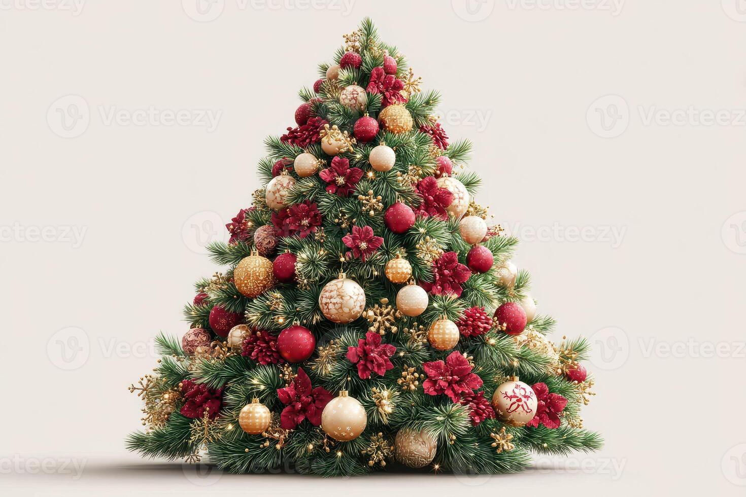 Beautifully decorated Christmas tree with red and gold ornaments, showcasing festive spirit during holiday season photo