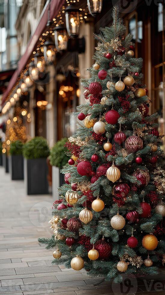 Christmas tree adorned with red and gold decorations beside a winter street in a bustling urban setting photo