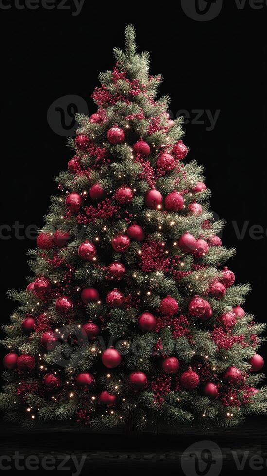 Christmas tree decorated with red ornaments and lights glowing in a dark setting photo