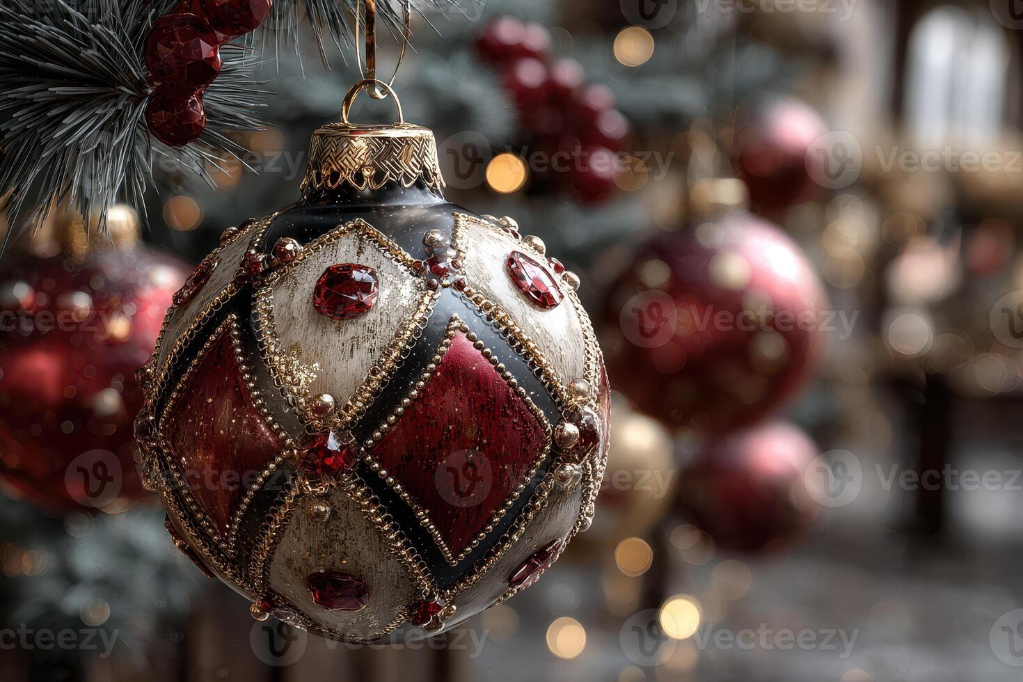 Beautiful red and gold ornament hangs gracefully amidst holiday decorations in a cozy indoor setting photo