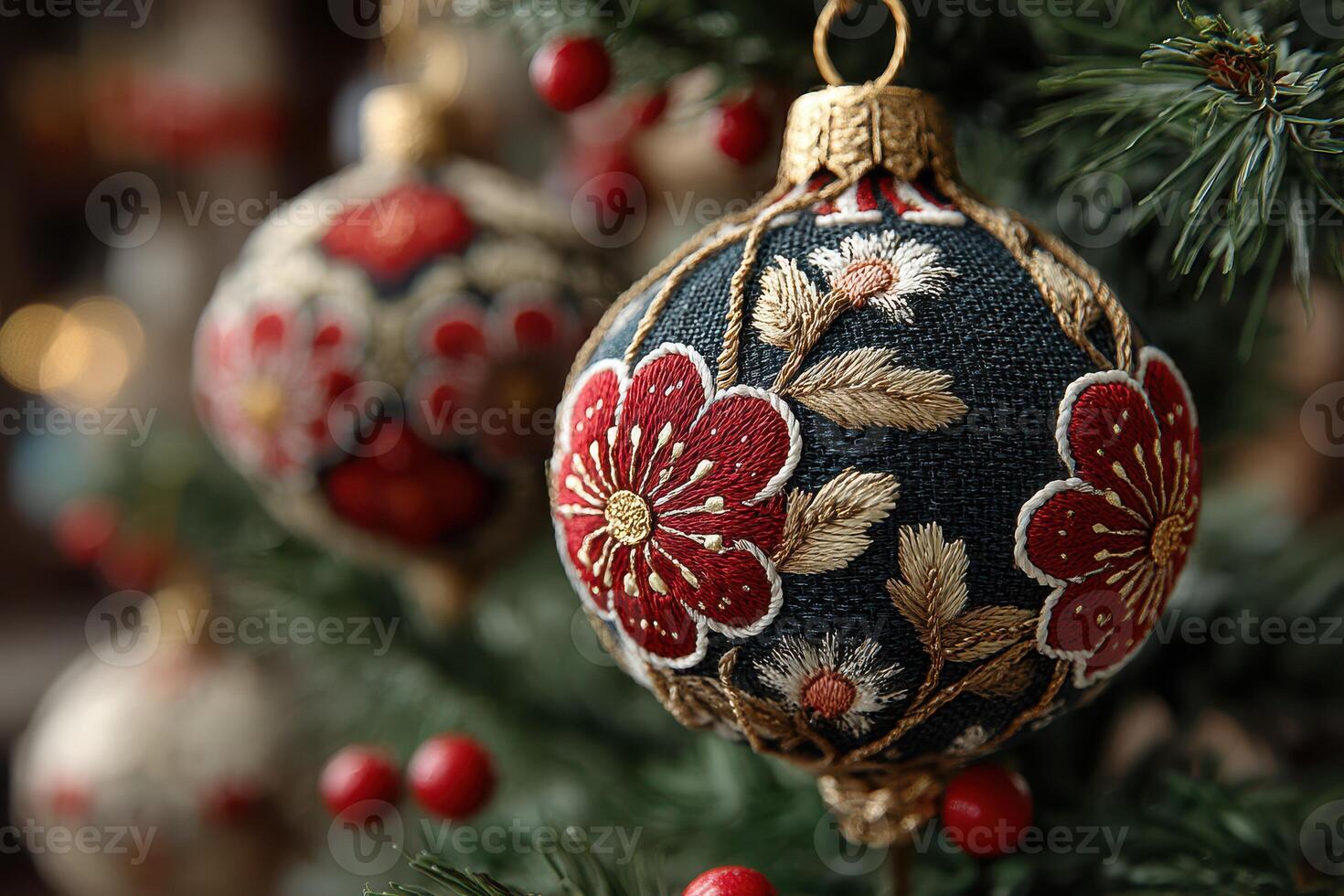 Decorative ornaments with floral embroidery hang on a Christmas tree, showcasing festive colors and intricate designs during the holiday season photo