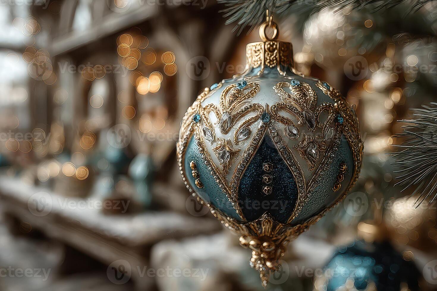 Festive blue and gold ornament hanging on tree with lights in winter decorations photo