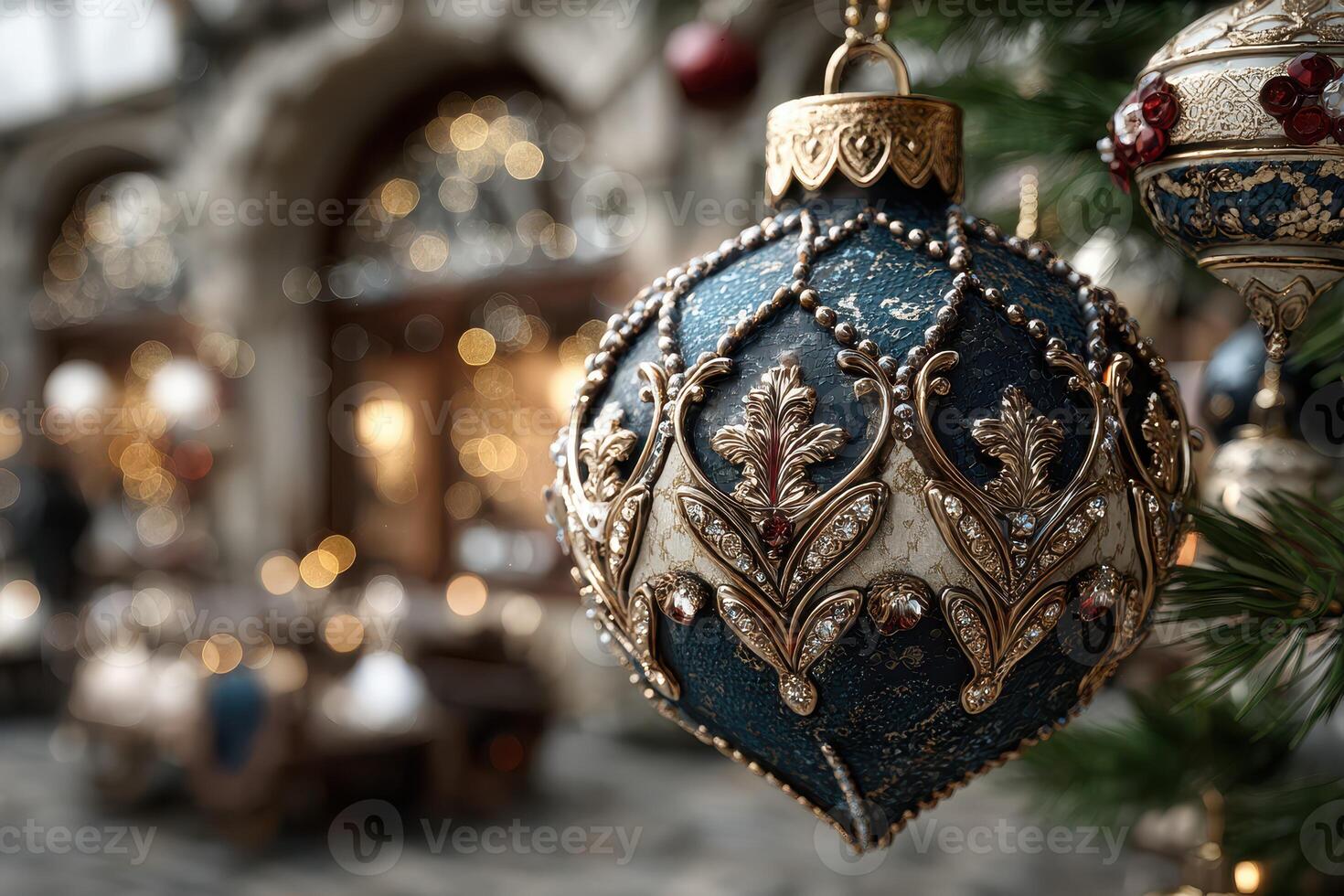 Decorative ornament hanging on a Christmas tree in a festive market during the holiday season photo
