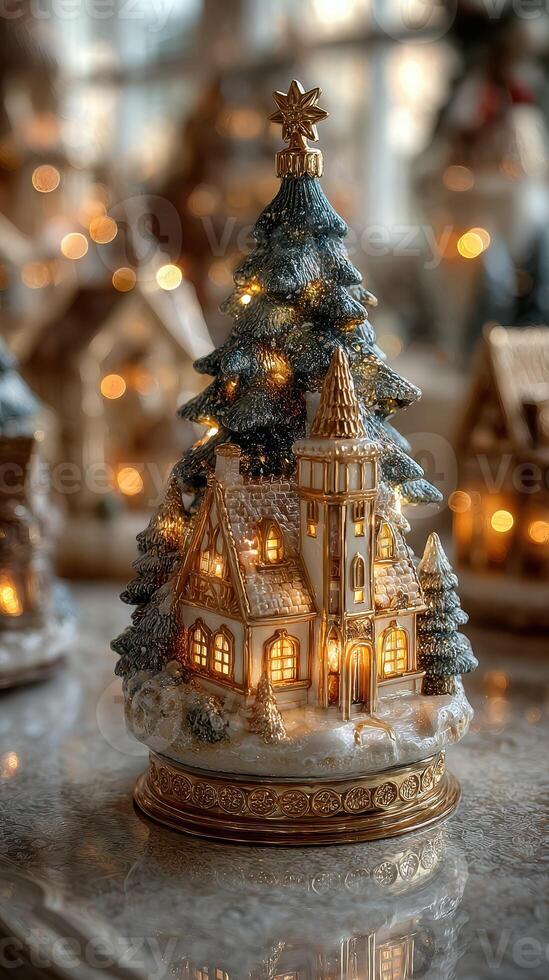 Ornate holiday village with illuminated houses and a decorated evergreen tree in soft golden light photo