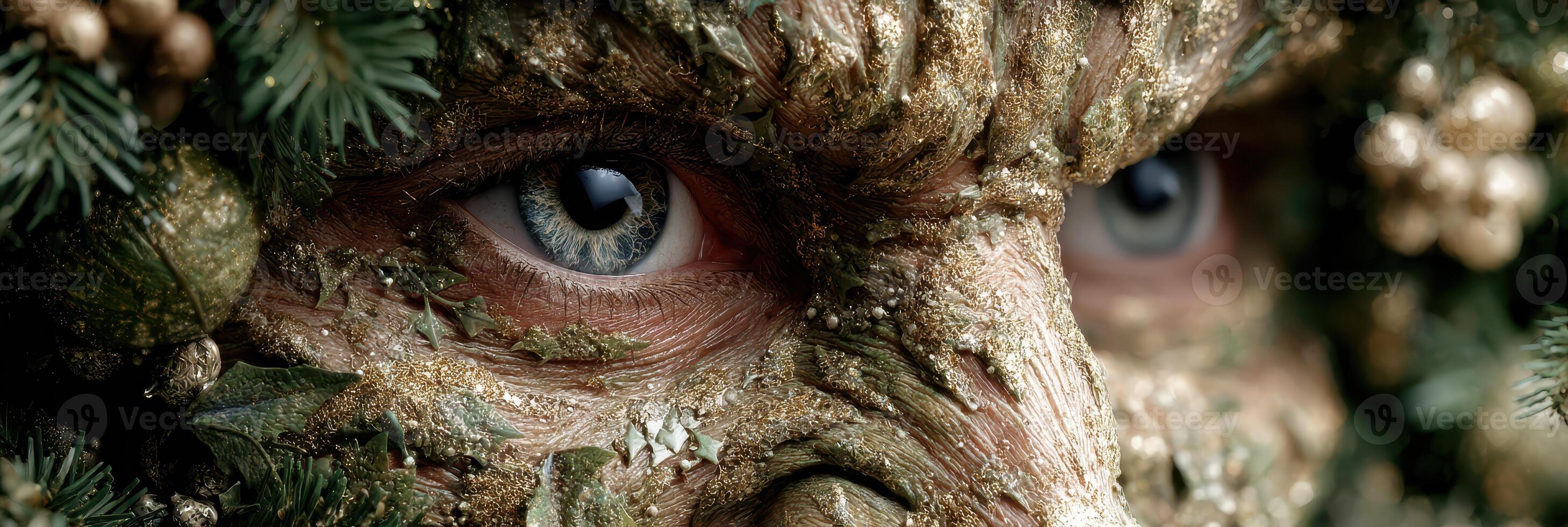 Man covered in greenery with detailed facial paint showcases artistry during summer festival in a vibrant outdoor environment photo