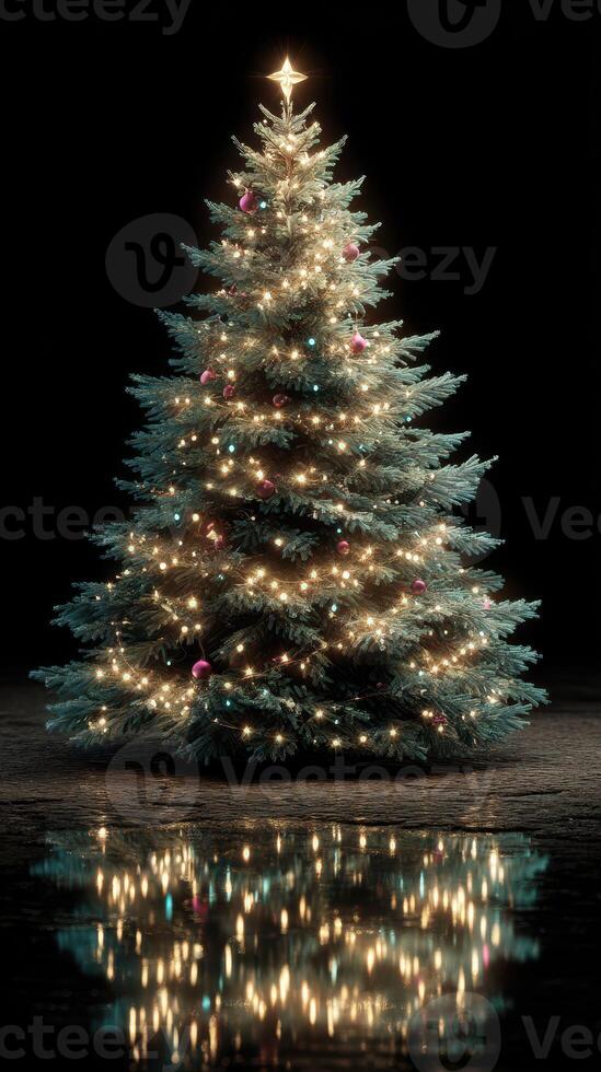 Festive Christmas tree adorned with lights and ornaments reflecting beautifully in the dark setting photo