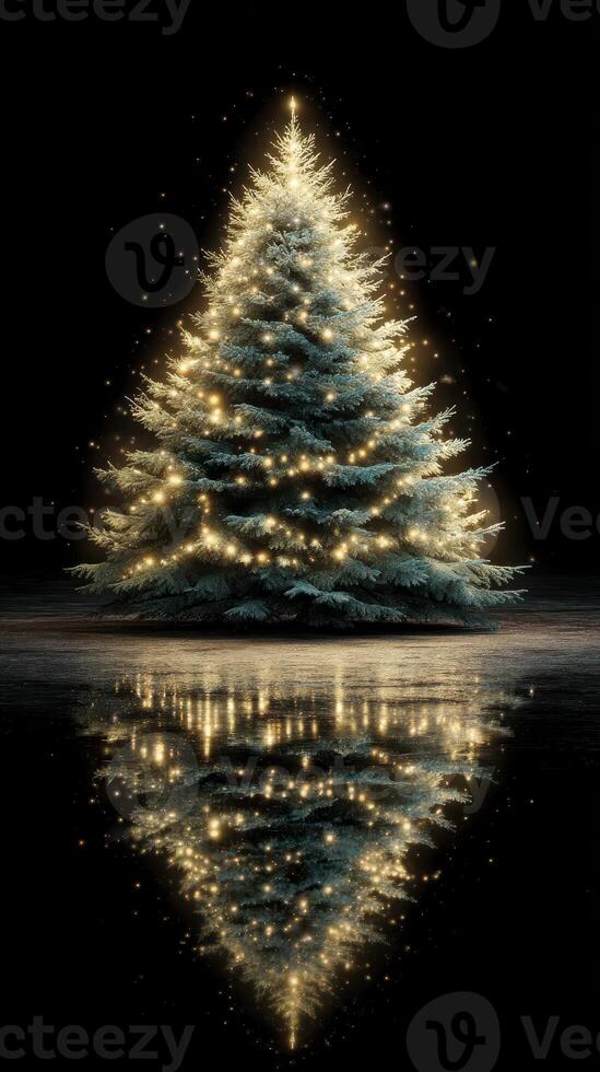Elegant Christmas tree adorned with lights reflecting beautifully in the dark setting photo
