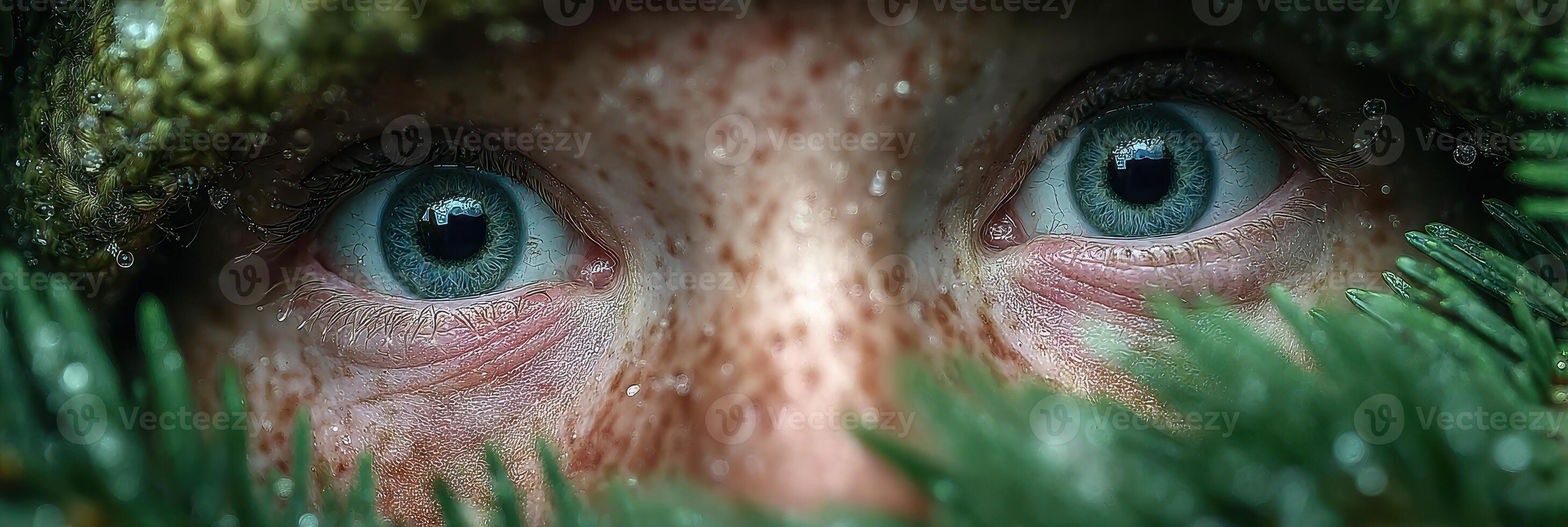 Close-up of a person hiding among greenery with intense blue eyes in a forest setting during daylight photo