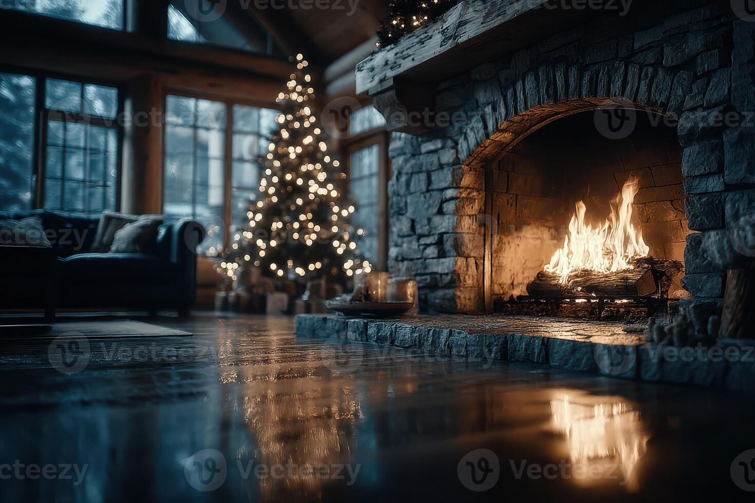 Warm and cozy winter evening by the fireplace with a decorated Christmas tree and soft lighting in a rustic cabin photo