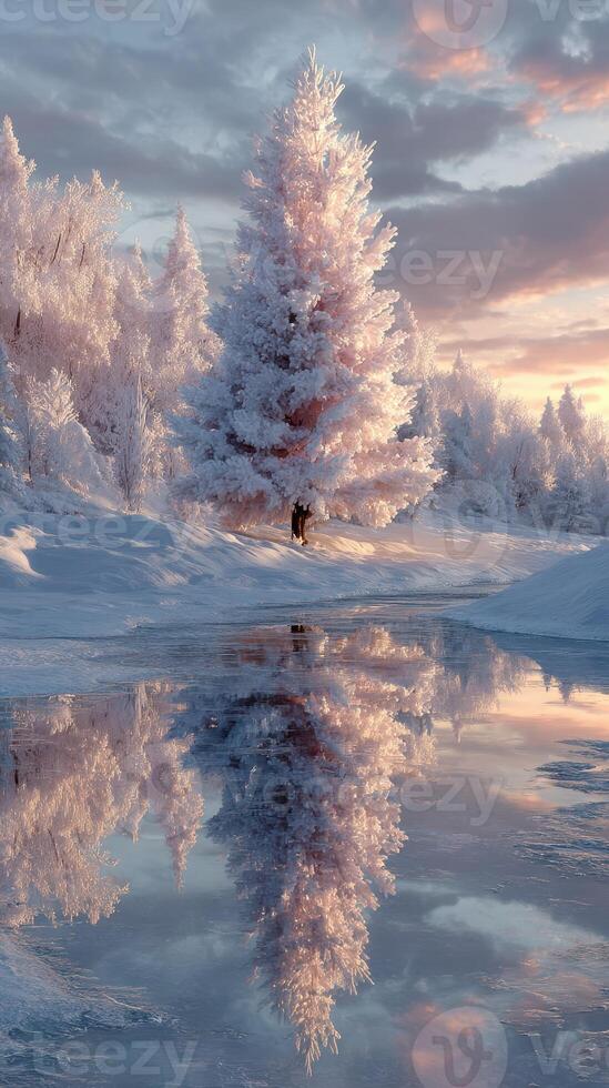 Snowy winter landscape with frosted trees reflecting in a calm river at sunset photo