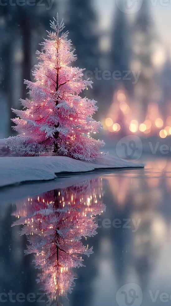 Beautiful pink Christmas tree reflects on serene water during a snowy winter evening in a peaceful setting photo