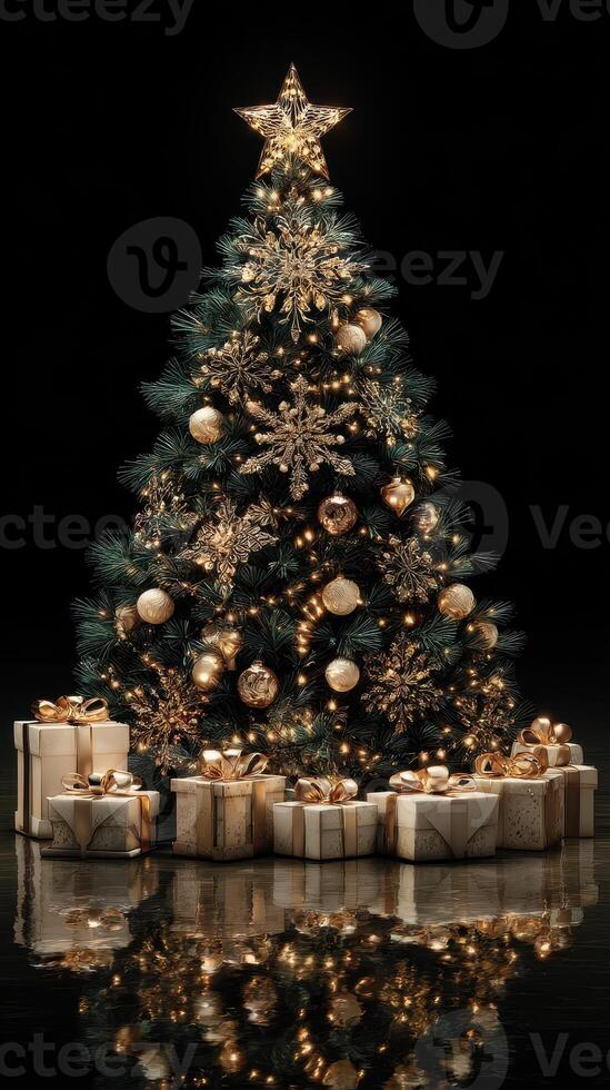 Elegant Christmas tree adorned with gold decorations and gifts in a festive setting during the holiday season photo