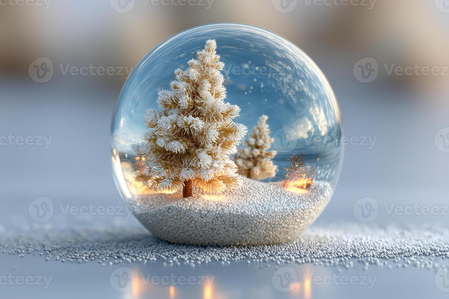 Winter wonderland scene captured inside a glass snow globe with evergreen trees and shimmering snow photo
