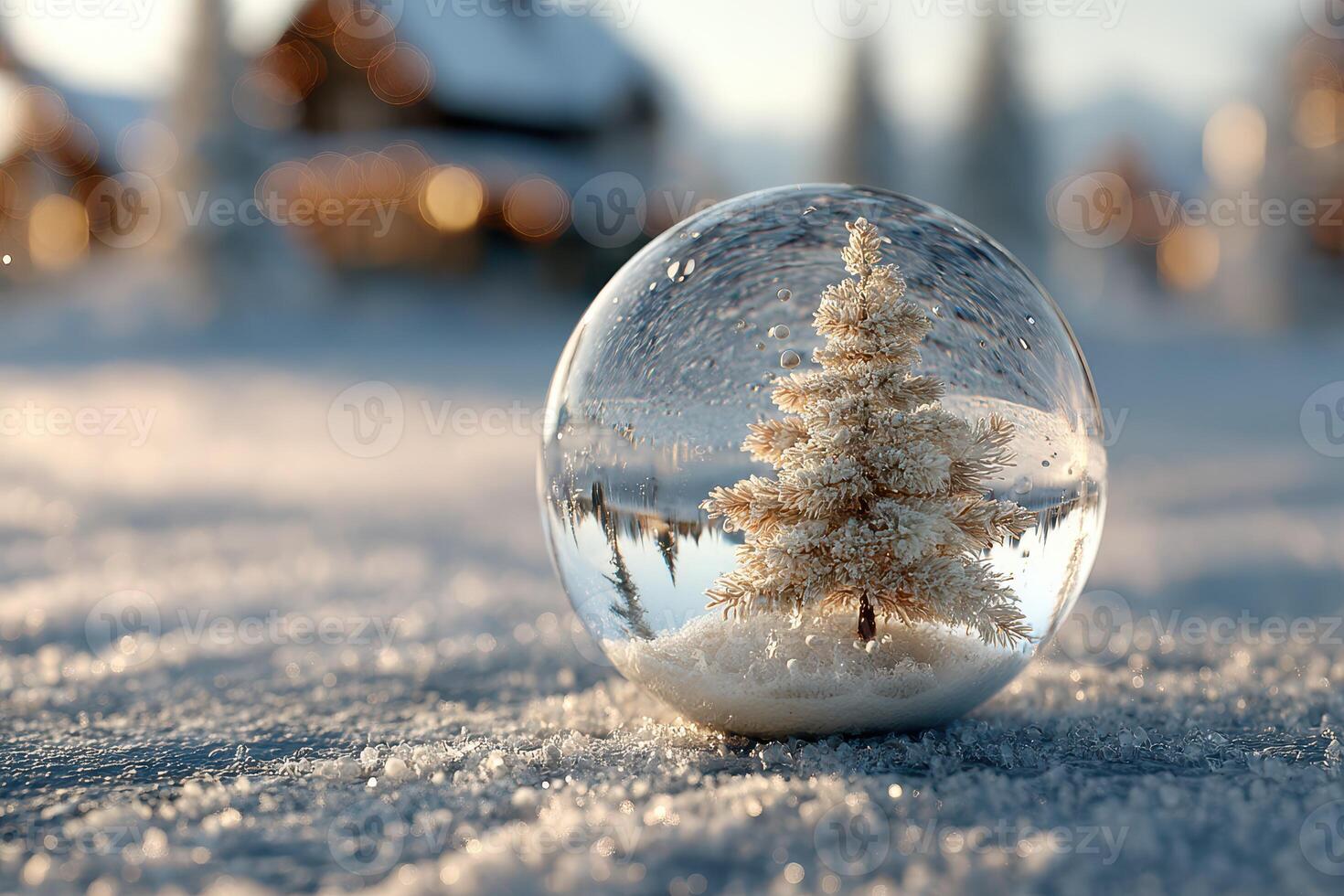 Snow globe with a frosted tree and winter landscape creating a cozy holiday atmosphere in a serene setting photo