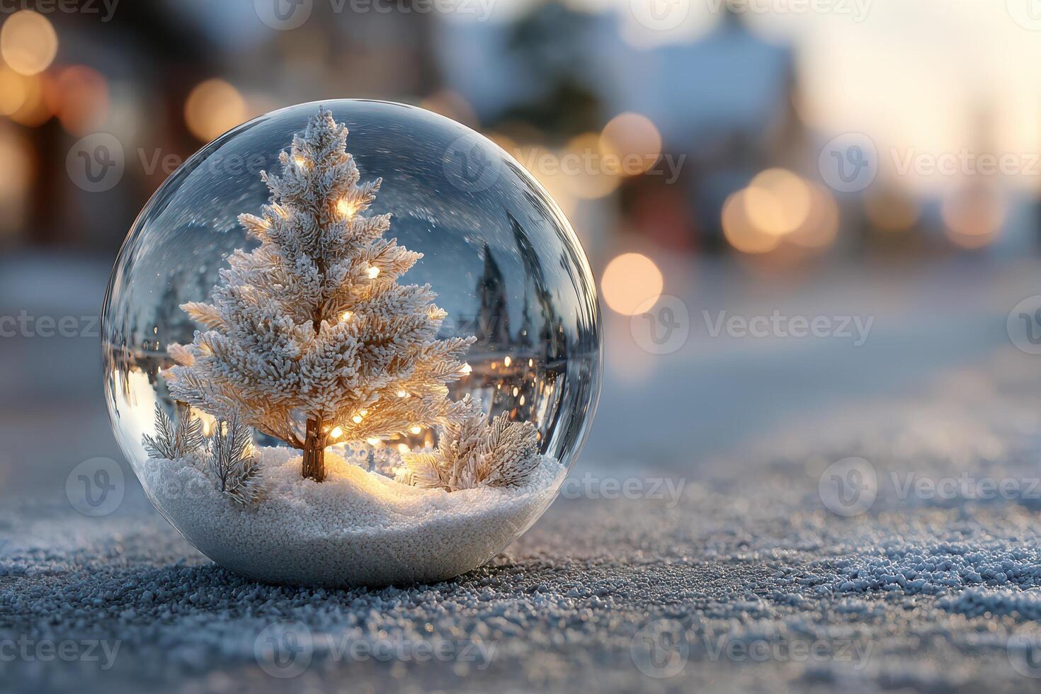 Winter wonderland captured in a snow globe with a glowing Christmas tree and soft bokeh background photo