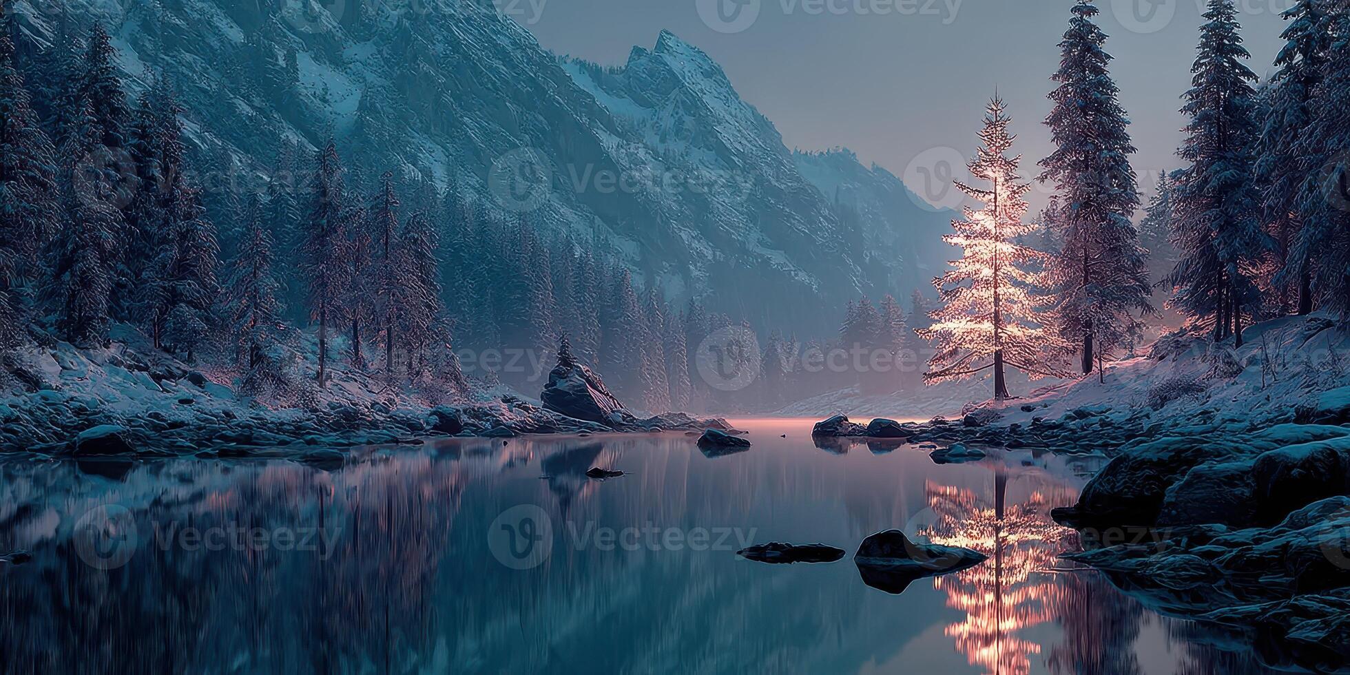 Snowy mountain landscape at dawn with a glowing tree and calm river reflecting a serene winter atmosphere photo