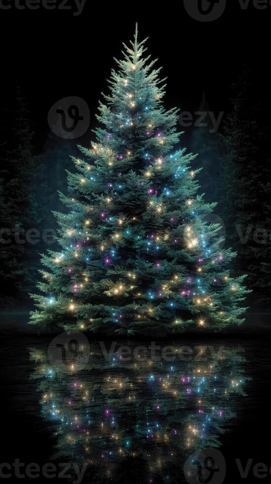Christmas tree adorned with colorful lights reflecting in still water at night in a serene forest setting photo