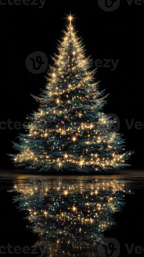 Glowing Christmas tree adorned with lights and ornaments creating a festive atmosphere in a darkened space photo